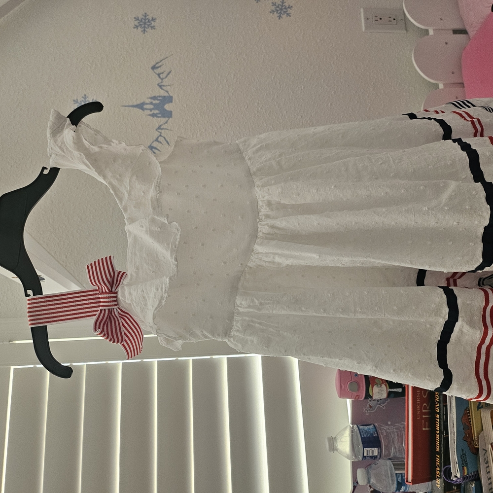 White Dress with Red and Black Stripes